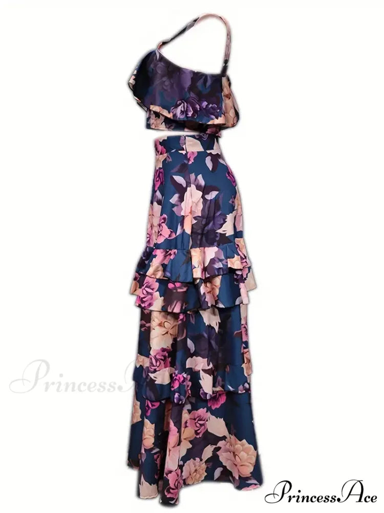 Crop Ruffles Flowered Skirt Two-Piece Tank Design Set M / Blue