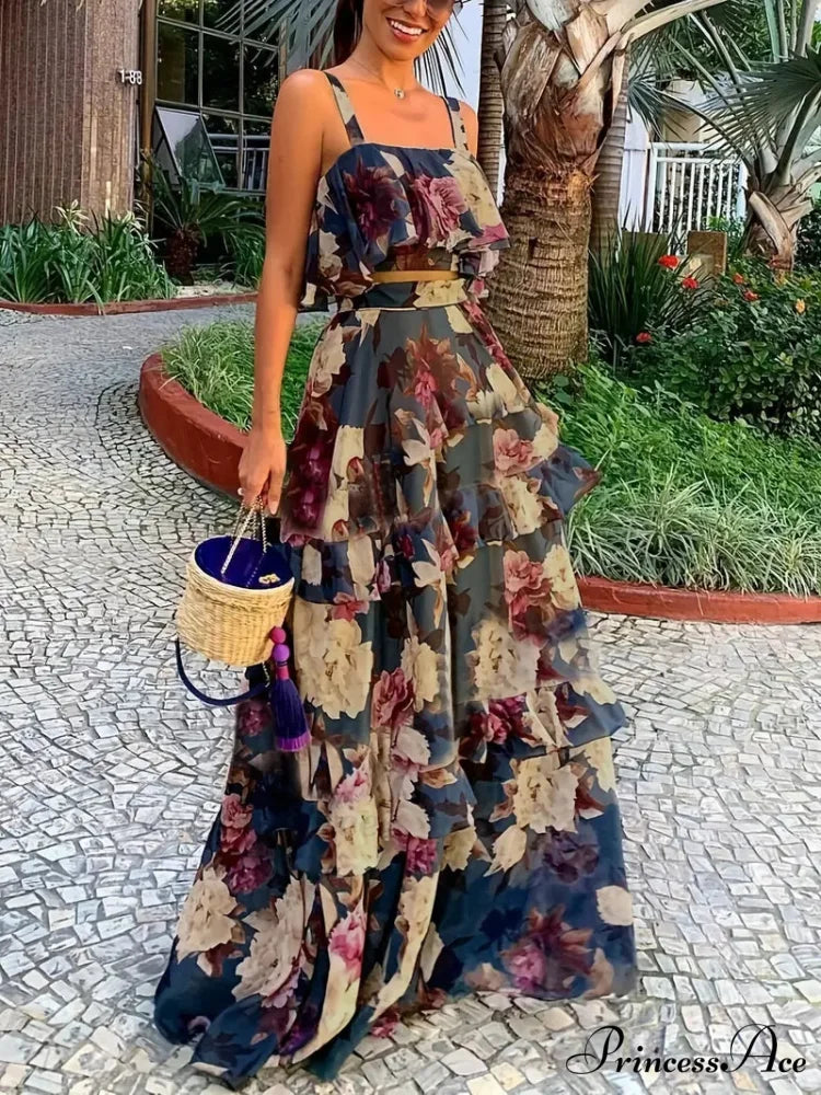 Crop Ruffles Flowered Skirt Two-Piece Tank Design Set S / Blue