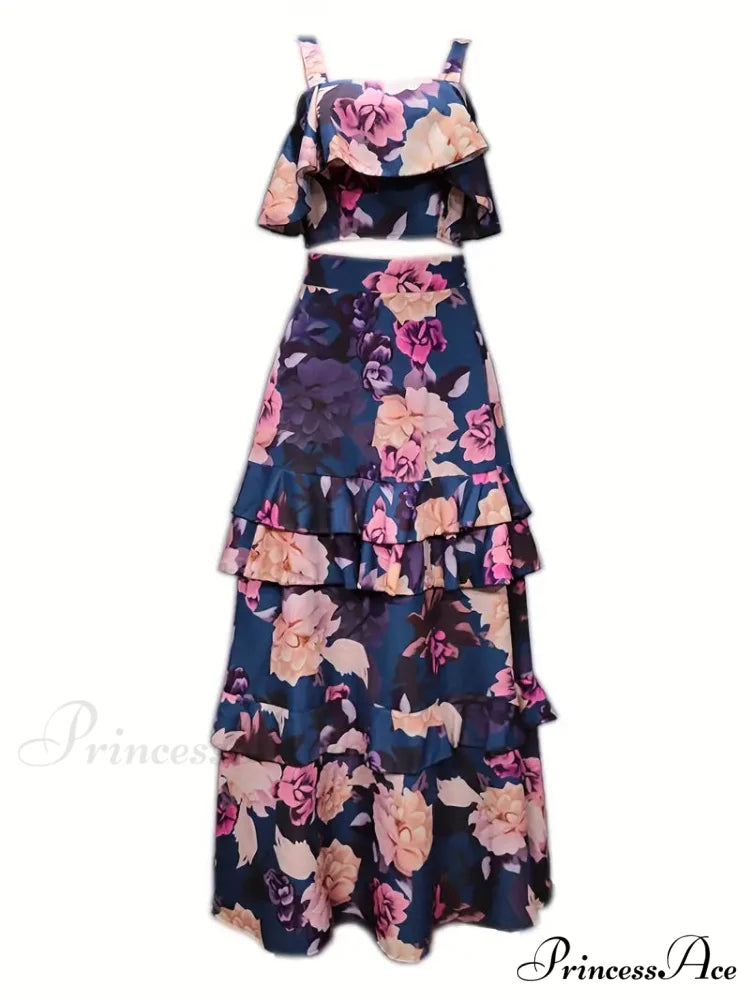 Crop Ruffles Flowered Skirt Two-Piece Tank Design Set S / Red