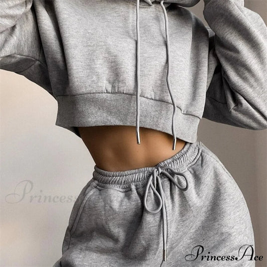 Crop Set and Hooded Sweatshirt Two Solid Tracksuit Fleece Top Piece Women’s - Pants