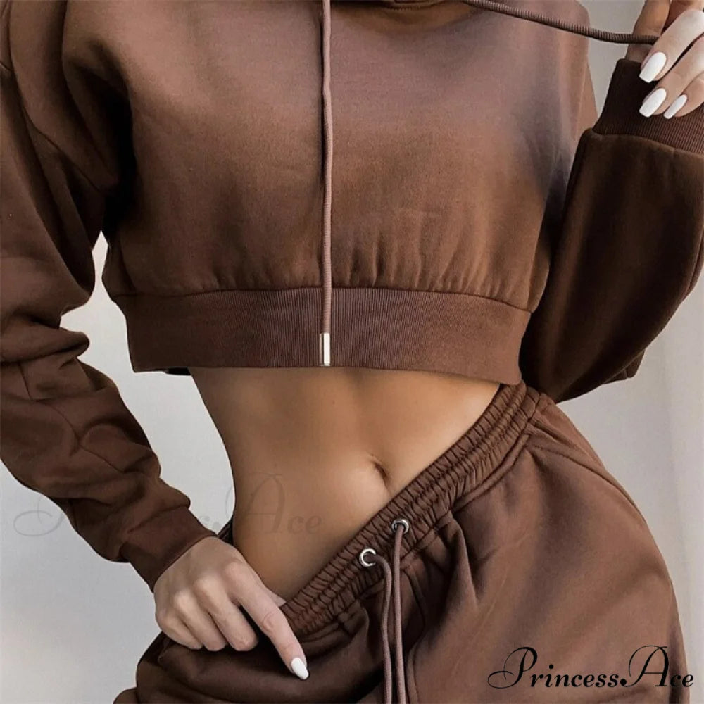 Crop Set and Hooded Sweatshirt Two Solid Tracksuit Fleece Top Piece Women’s - Pants