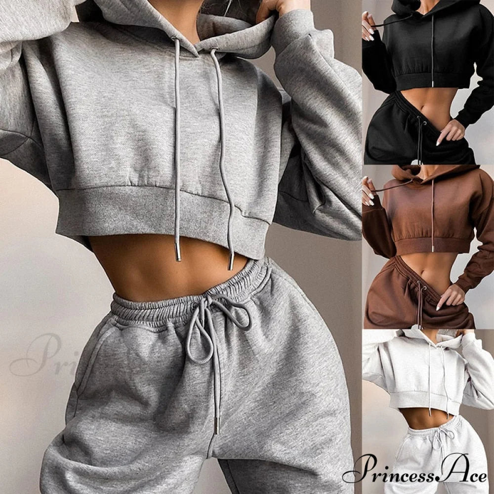 Crop Set and Hooded Sweatshirt Two Solid Tracksuit Fleece Top Piece Women’s - Pants