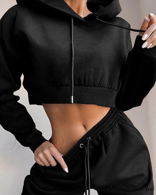 Crop Set and Hooded Sweatshirt Two Solid Tracksuit Fleece Top Piece Women’s - Pants black / S