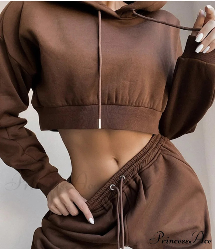 Crop Set and Hooded Sweatshirt Two Solid Tracksuit Fleece Top Piece Women’s - Pants Brown / S