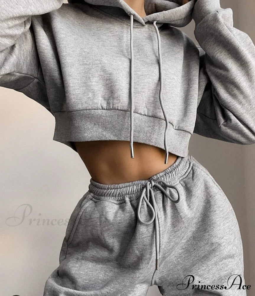 Crop Set and Hooded Sweatshirt Two Solid Tracksuit Fleece Top Piece Women’s - Pants gray / S