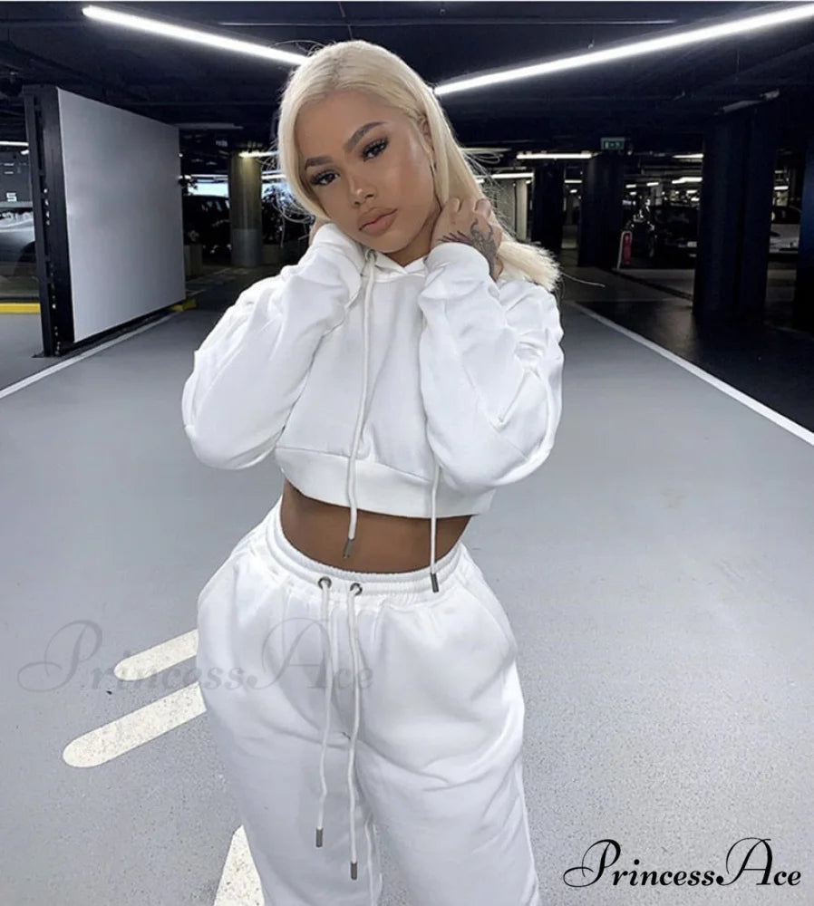 Crop Set and Hooded Sweatshirt Two Solid Tracksuit Fleece Top Piece Women’s - Pants white / S