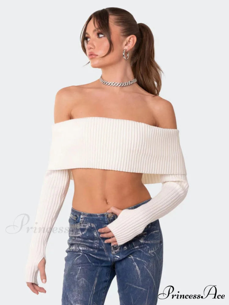 Crop Sweater and Long-Sleeved Comfortable Sexy Chest-Wrapped Top Woolen Sweater White / S
