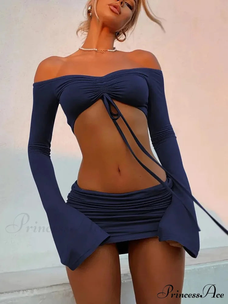 Crop Top and Bodycon Skirt Set with Drawstring and Ruched Detail S / Black
