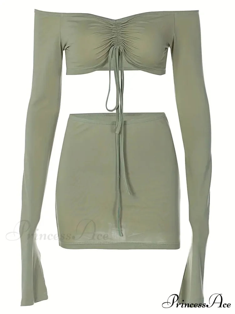 Crop Top and Bodycon Skirt Set with Drawstring and Ruched Detail S / Green