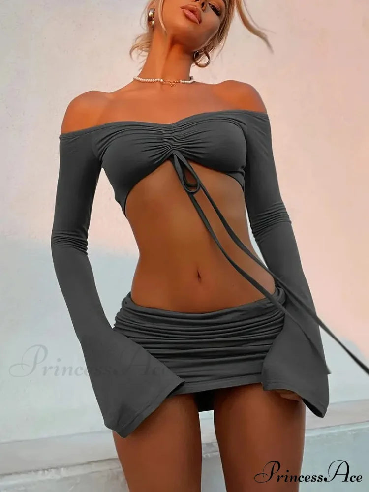 Crop Top and Bodycon Skirt Set with Drawstring and Ruched Detail S / Pink