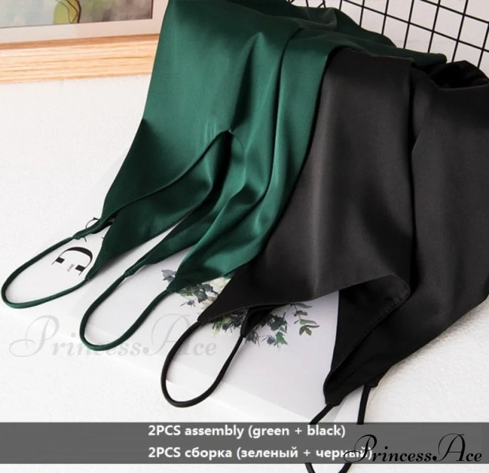 Crop Women Camis Silk Satin Tank Top green black / S