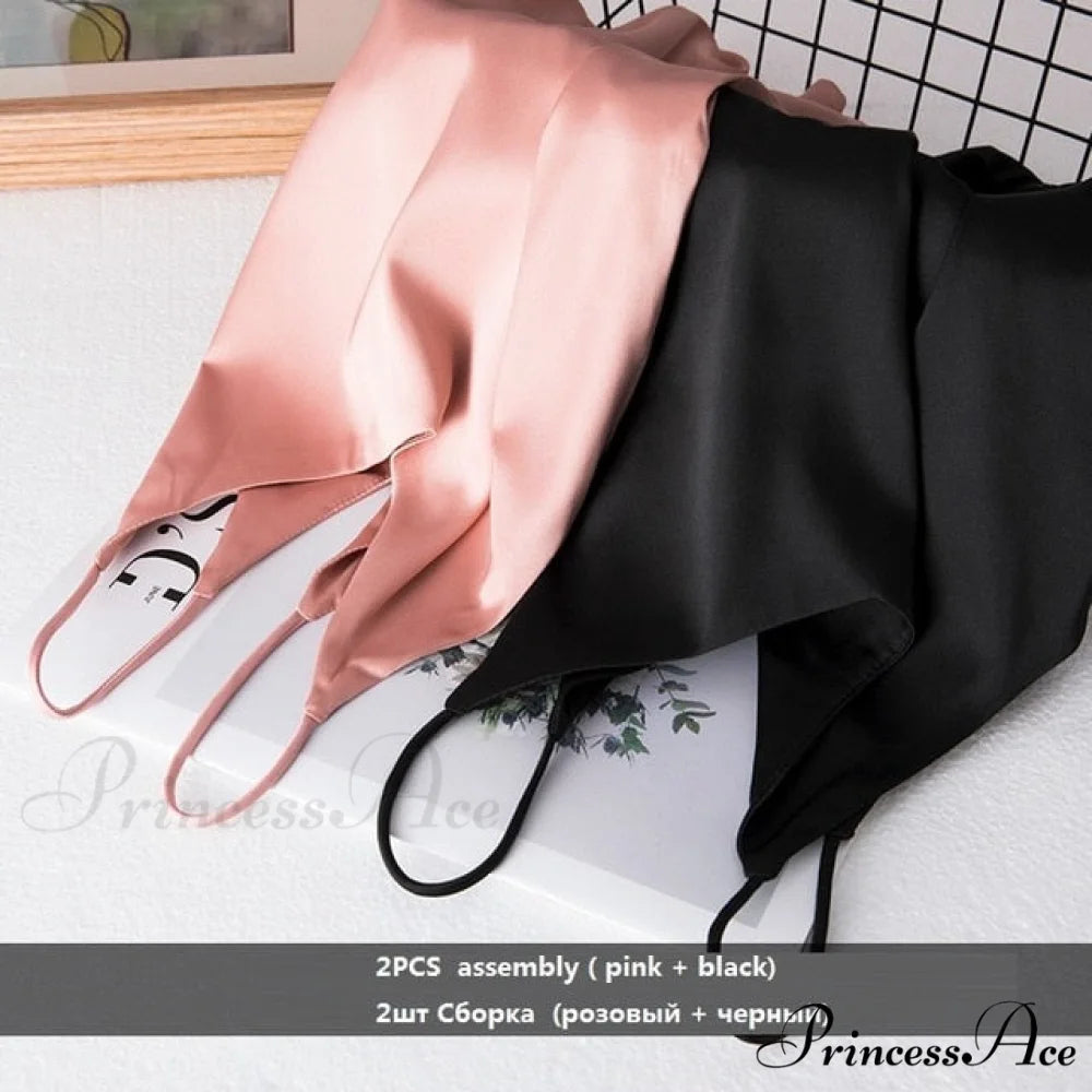 Crop Women Camis Silk Satin Tank Top pink Black / S