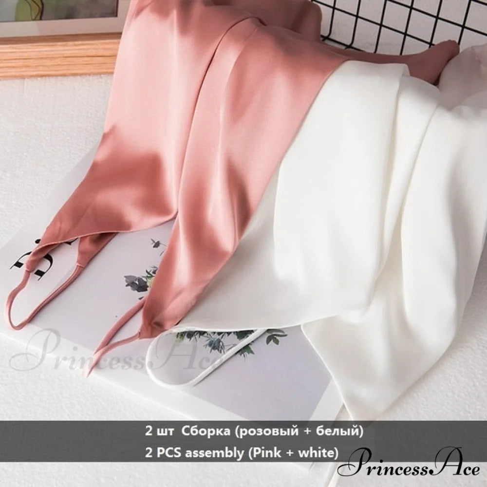 Crop Women Camis Silk Satin Tank Top pink white / S
