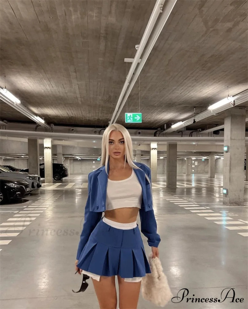 Cropped Blazer And Charming Pleated Mini Skirt Set