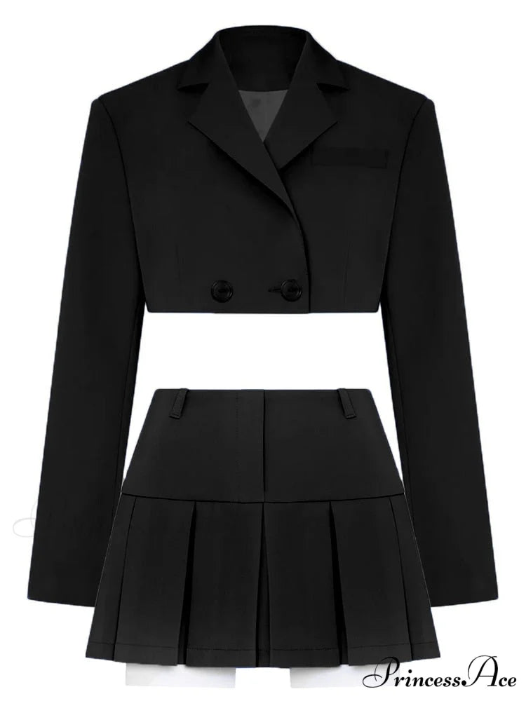 Cropped Blazer And Charming Pleated Mini Skirt Set Black Suit / S