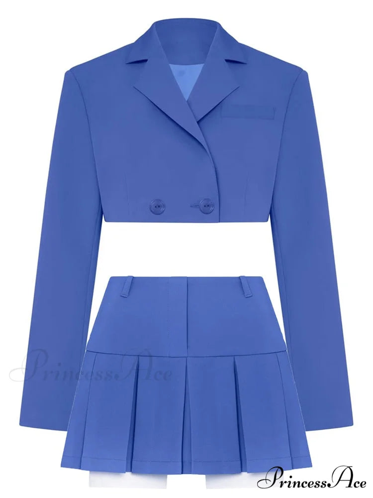 Cropped Blazer And Charming Pleated Mini Skirt Set Blue Suit / S