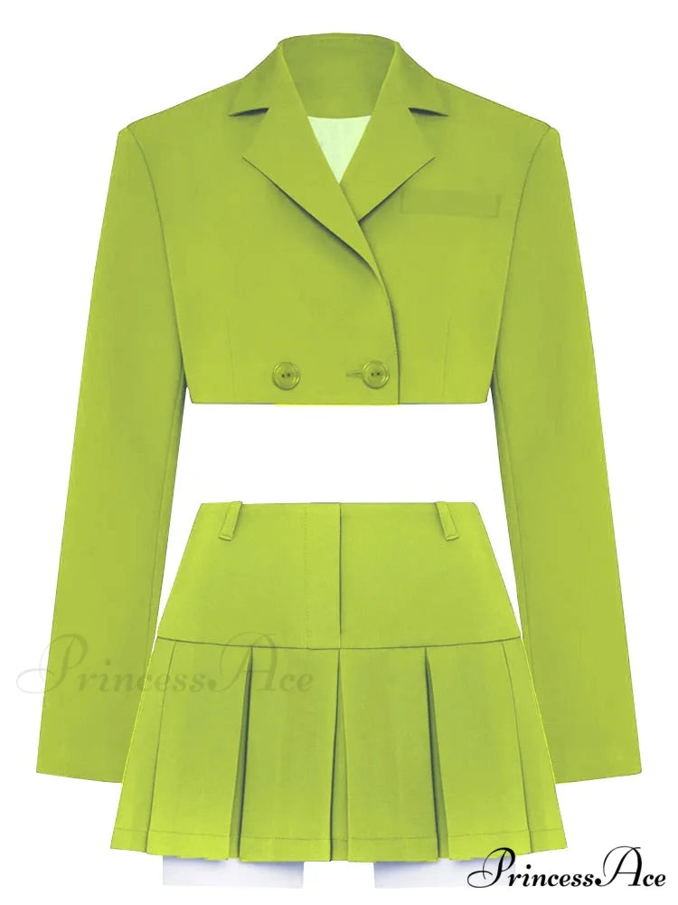 Cropped Blazer And Charming Pleated Mini Skirt Set Green Suit / S
