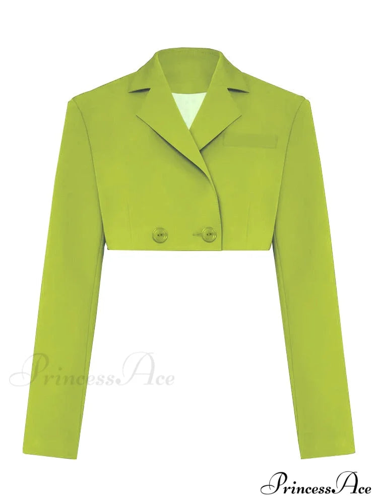 Cropped Blazer And Charming Pleated Mini Skirt Set Only Green Coat / S