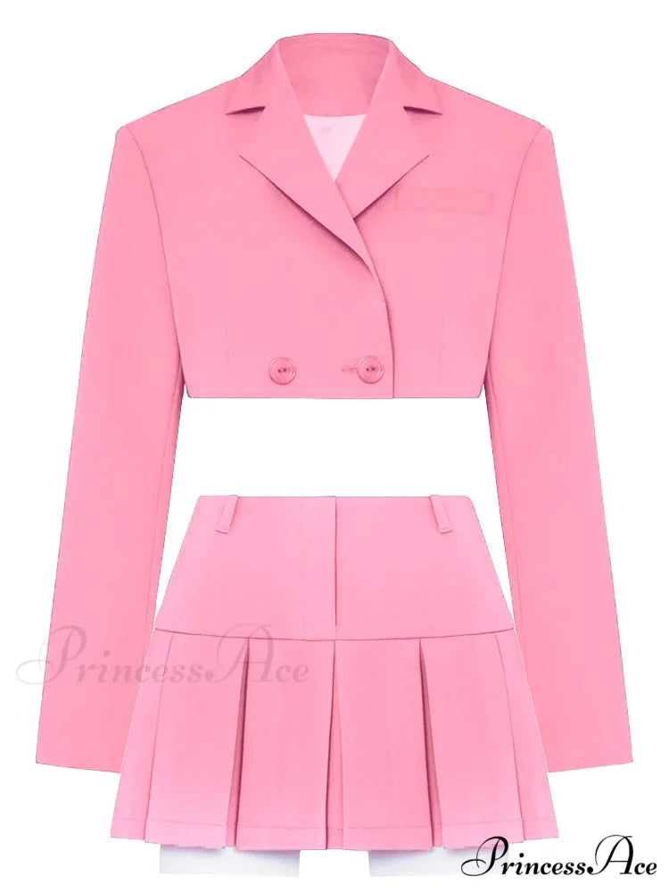 Cropped Blazer And Charming Pleated Mini Skirt Set Pink Suit / S