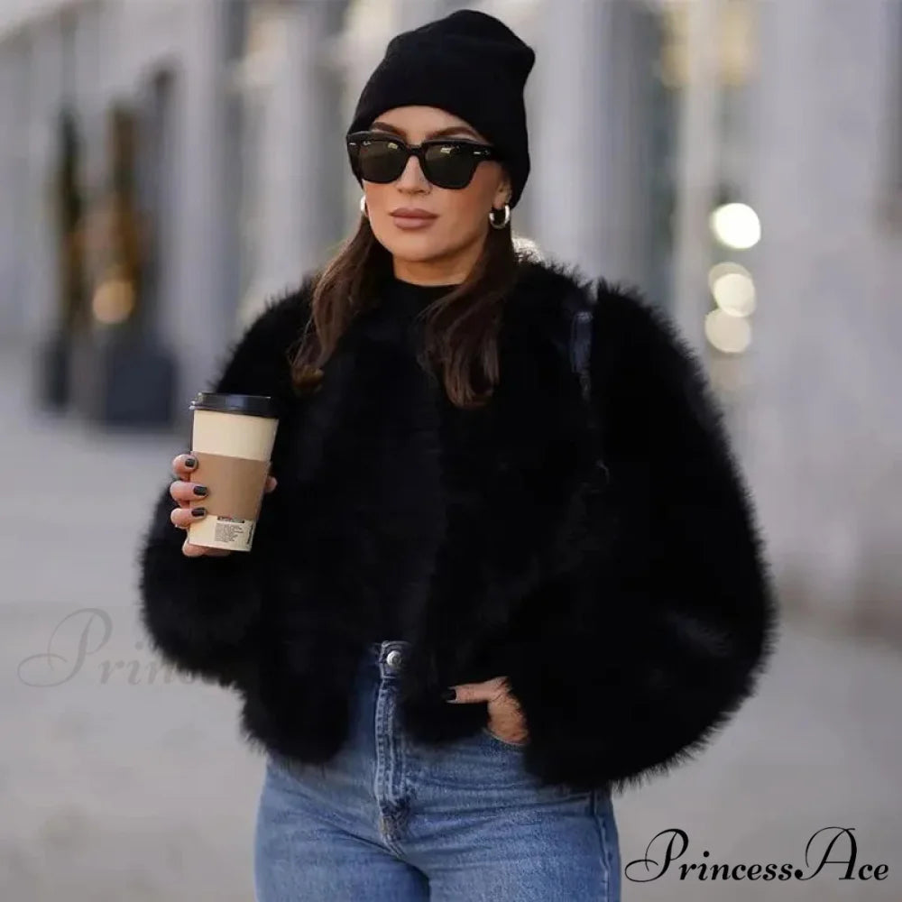 Cropped Faux Stylish Fur Coat black / S