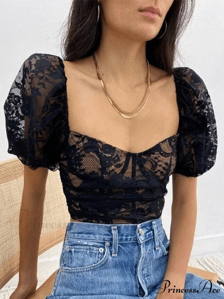 Cropped Lace Edge Trendy Shirred Cami Top Black / S