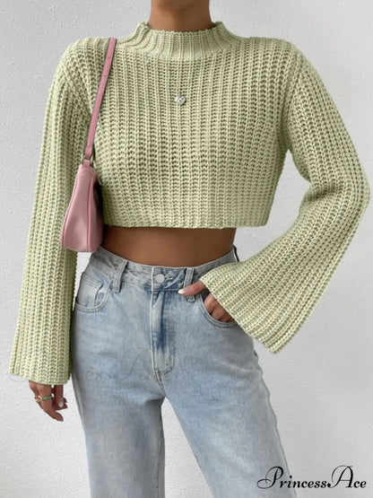Cropped Long Neck Mock Arm Sweater Light Green / S