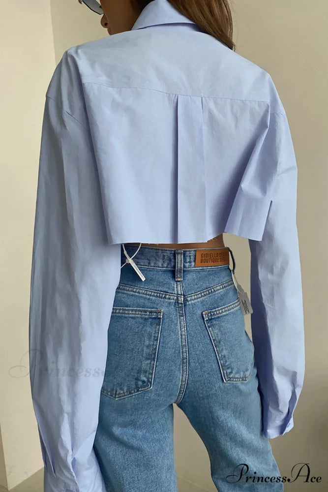 Cropped Shirt with Lapel Patch Pocket Blue / L