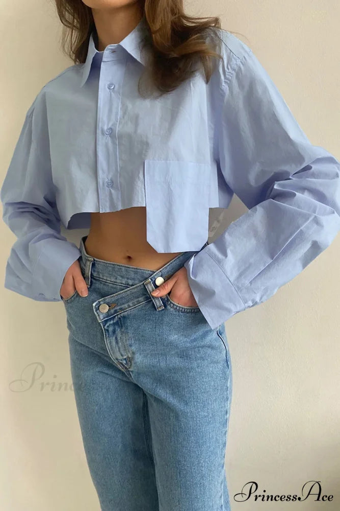 Cropped Shirt with Lapel Patch Pocket Blue / M