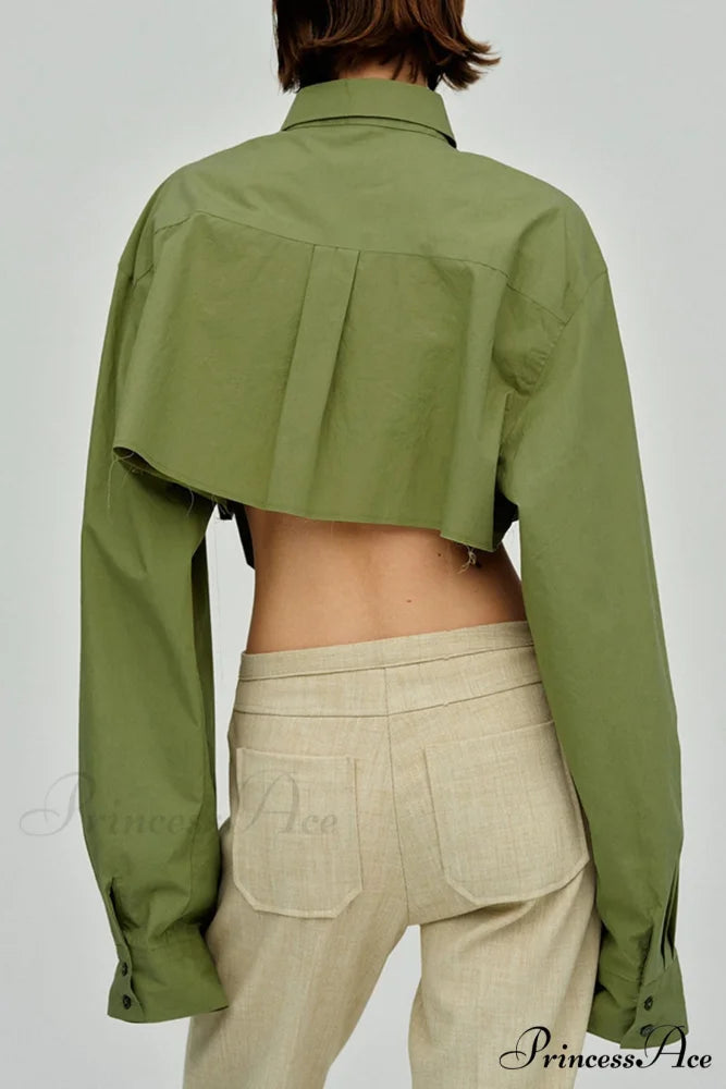 Cropped Shirt with Lapel Patch Pocket Green / L