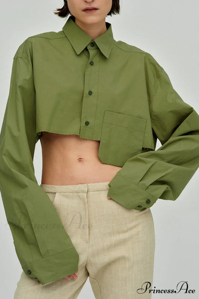 Cropped Shirt with Lapel Patch Pocket Green / M