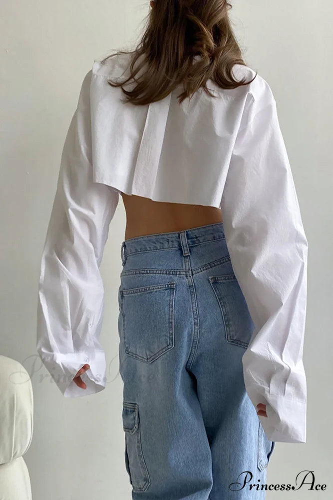 Cropped Shirt with Lapel Patch Pocket White / L