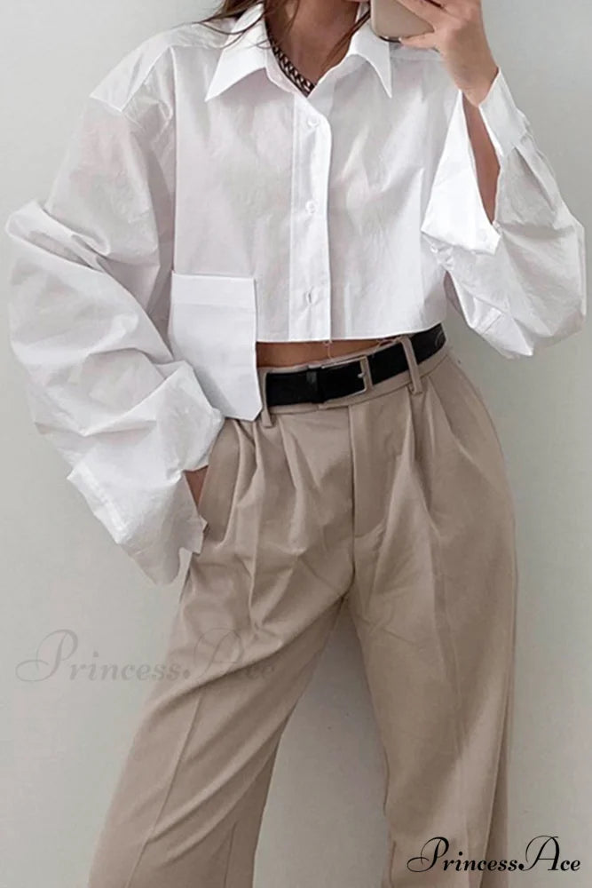 Cropped Shirt with Lapel Patch Pocket White / M