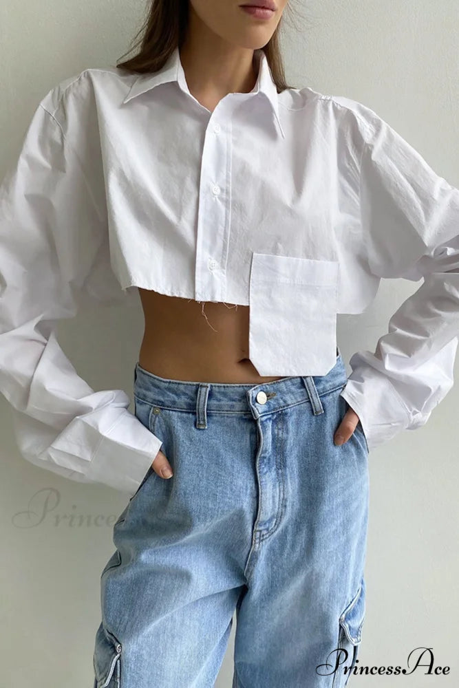 Cropped Shirt with Lapel Patch Pocket White / S