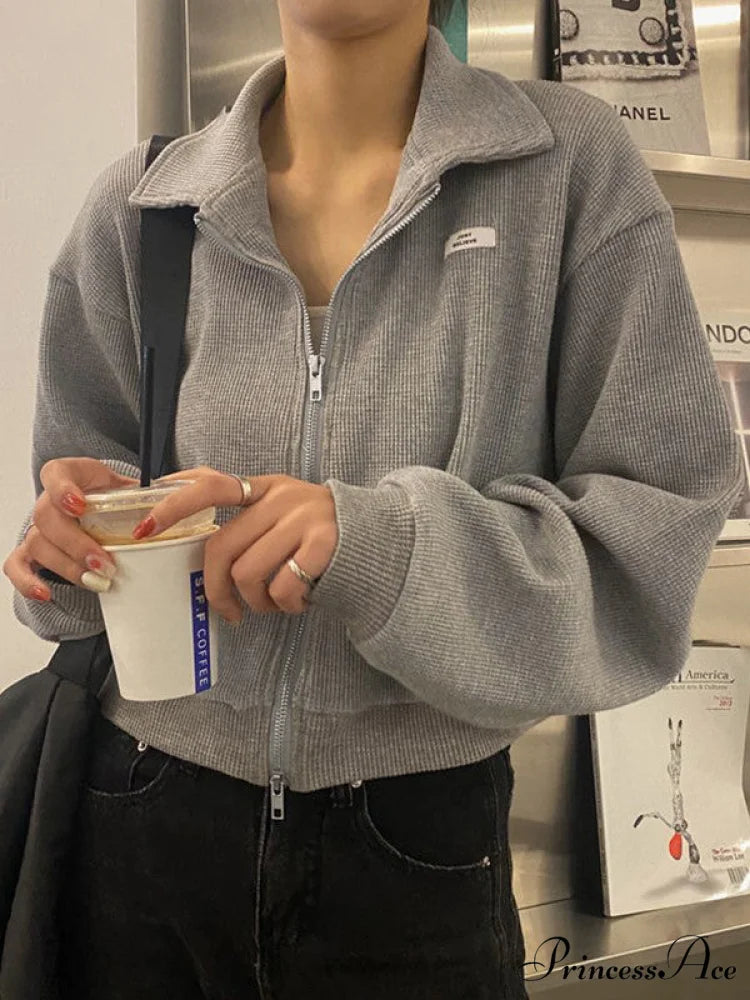 Cropped White Graceful Zip-Up Hoodie Gray / S