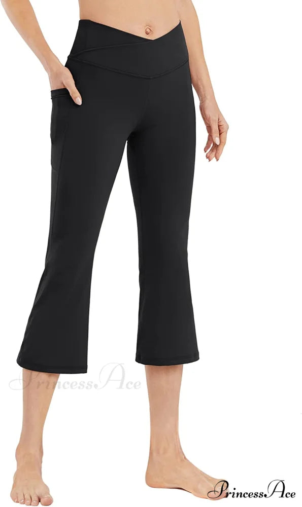 Cross High Waisted Bootcut Capris for Women Flare Yoga Pants Black - Cross Waist / XX-Large
