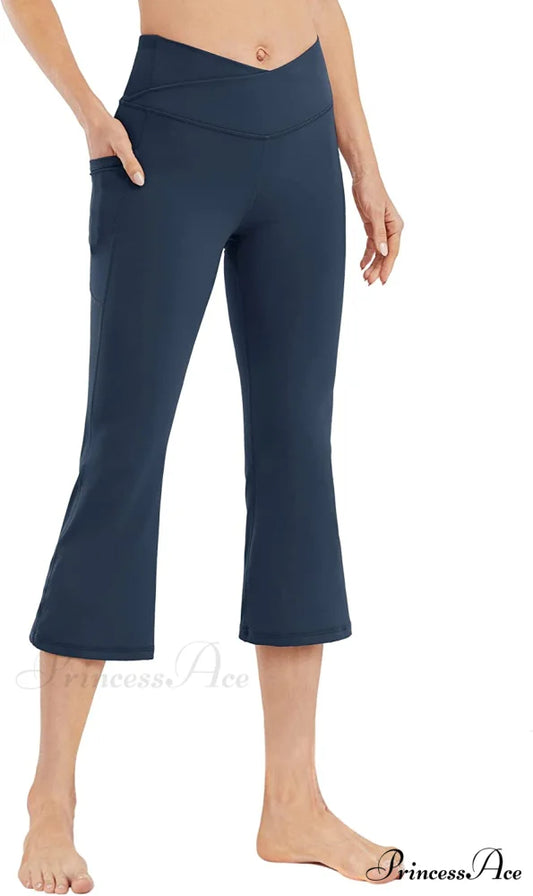 Cross High Waisted Bootcut Capris for Women Flare Yoga Pants Navy - Cross Waist / XX-Large