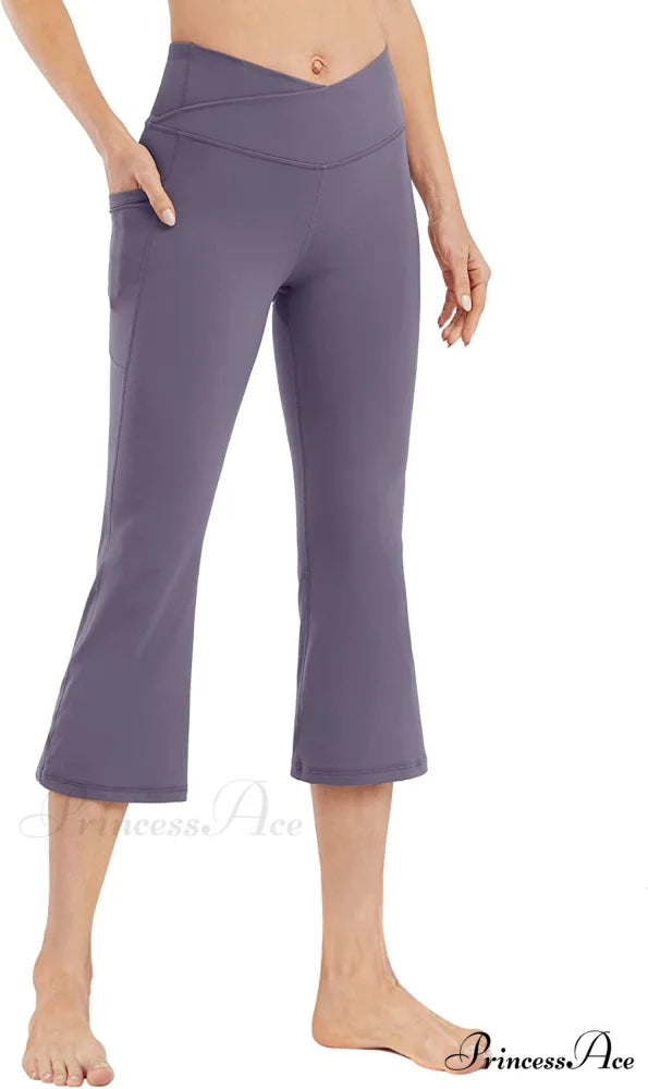 Cross High Waisted Bootcut Capris for Women Flare Yoga Pants Purple Grey - Cross Waist / XX-Large