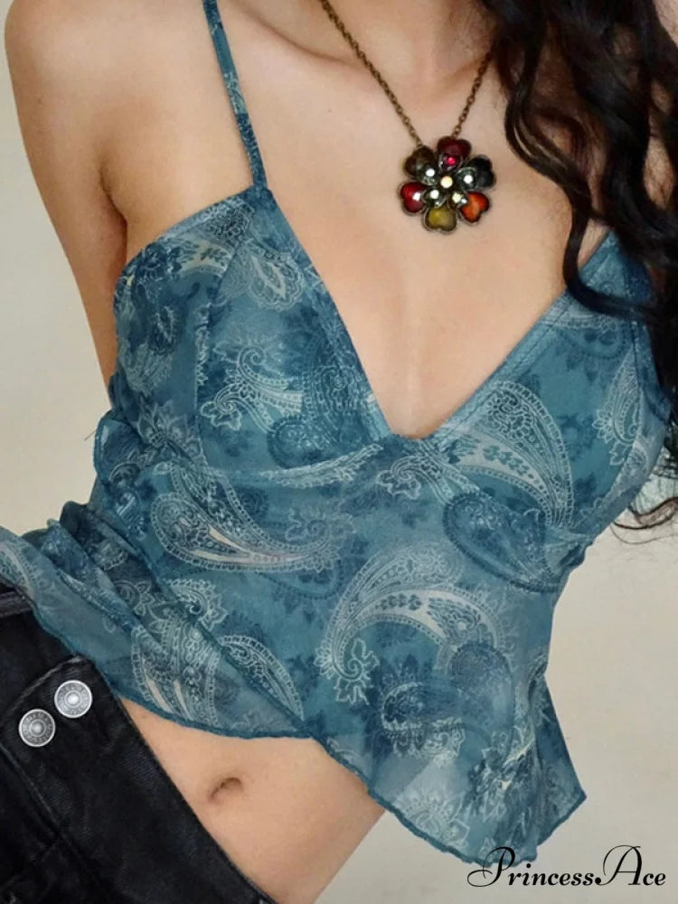 Cross Over Halter Trendy Mesh Crop Cami Top Blue / S