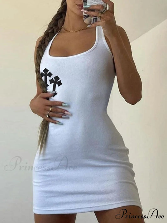 Cross Patch Ribbed Trendy Sleeveless Mini Dress