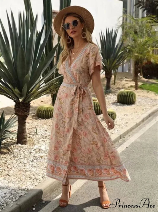 Cross Plunging Neckline Frills Bohemian Flared Dress bohodress-250126