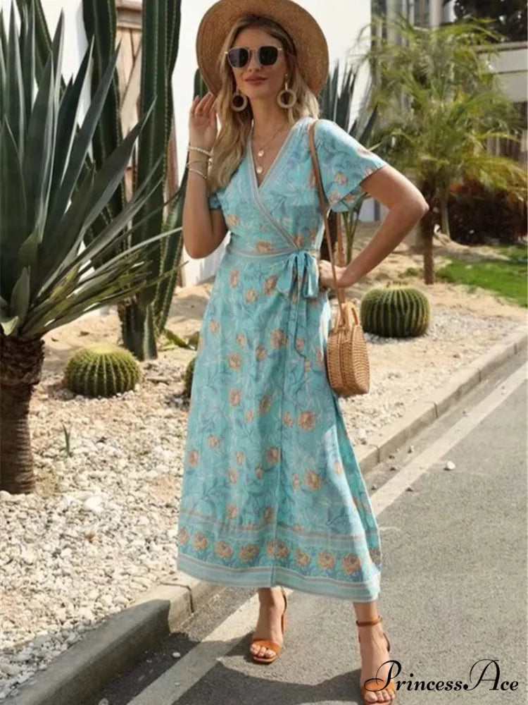 Cross Plunging Neckline Frills Bohemian Flared Dress bohodress-250126