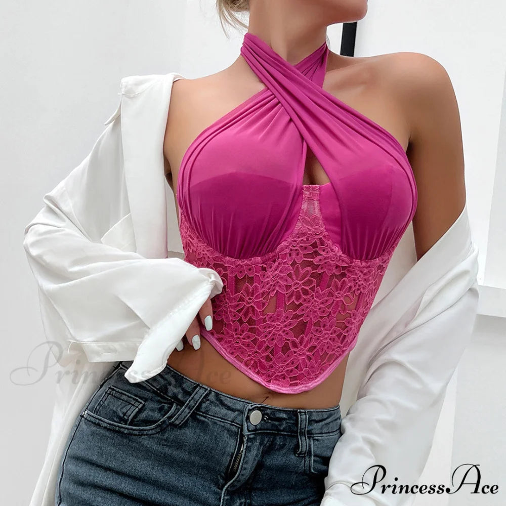 Crossed Halter Neck Lace Floral Classic Mesh Cropped Corset Top - Black L / Rose