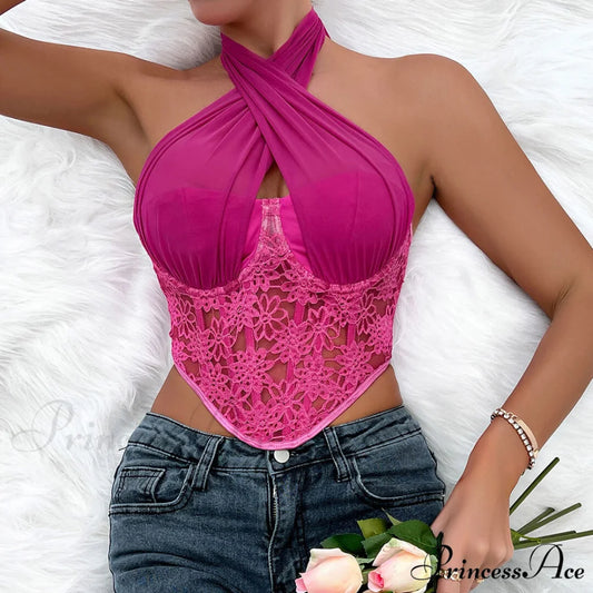 Crossed Halter Neck Lace Floral Classic Mesh Cropped Corset Top - Black M / Rose