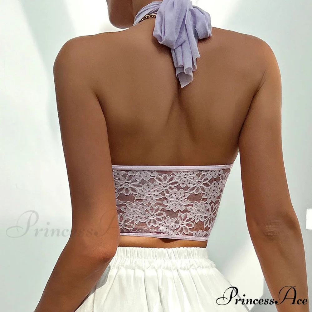 Crossed Halter Neck Lace Floral Classic Mesh Cropped Corset Top - Rose L / Violet