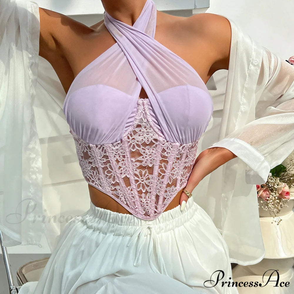 Crossed Halter Neck Lace Floral Classic Mesh Cropped Corset Top - Rose M / Violet