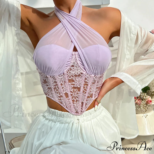 Crossed Halter Neck Lace Floral Classic Mesh Cropped Corset Top - Rose M / Violet