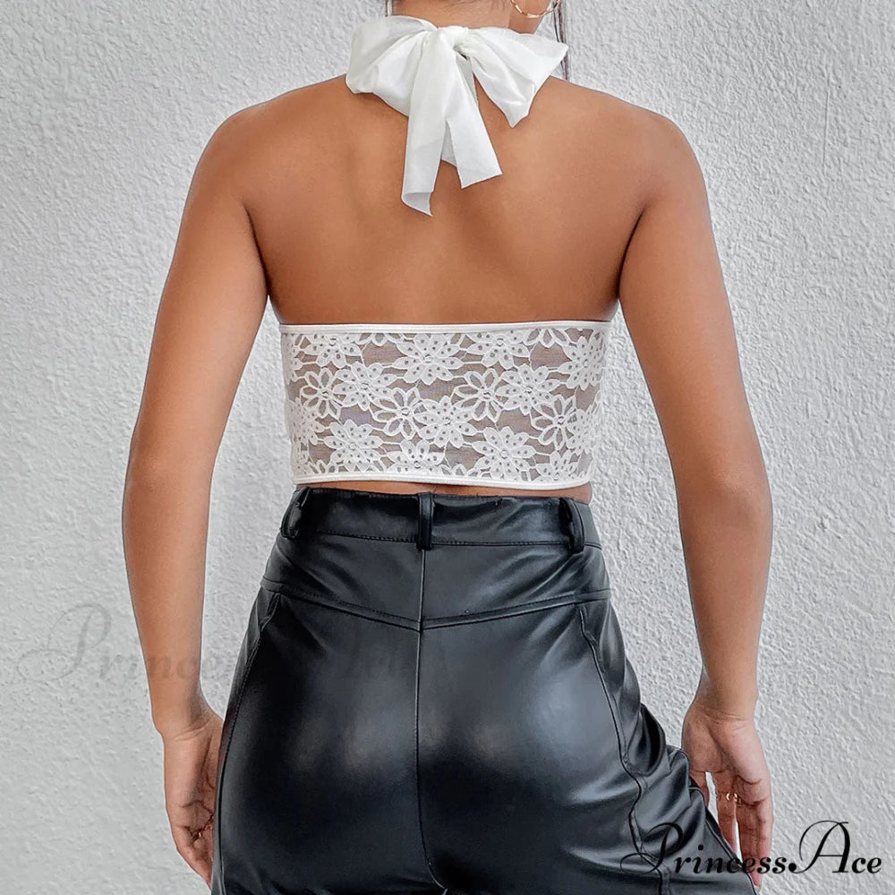 Crossed Halter Neck Lace Floral Classic Mesh Cropped Corset Top - Violet L / White