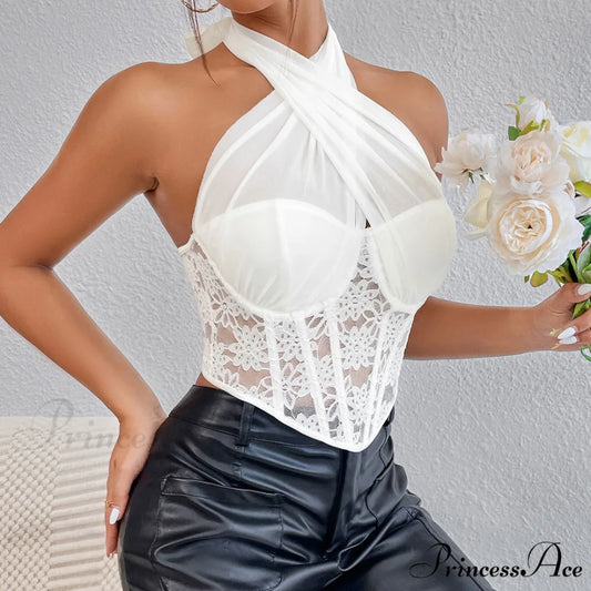 Crossed Halter Neck Lace Floral Classic Mesh Cropped Corset Top - Violet M / White