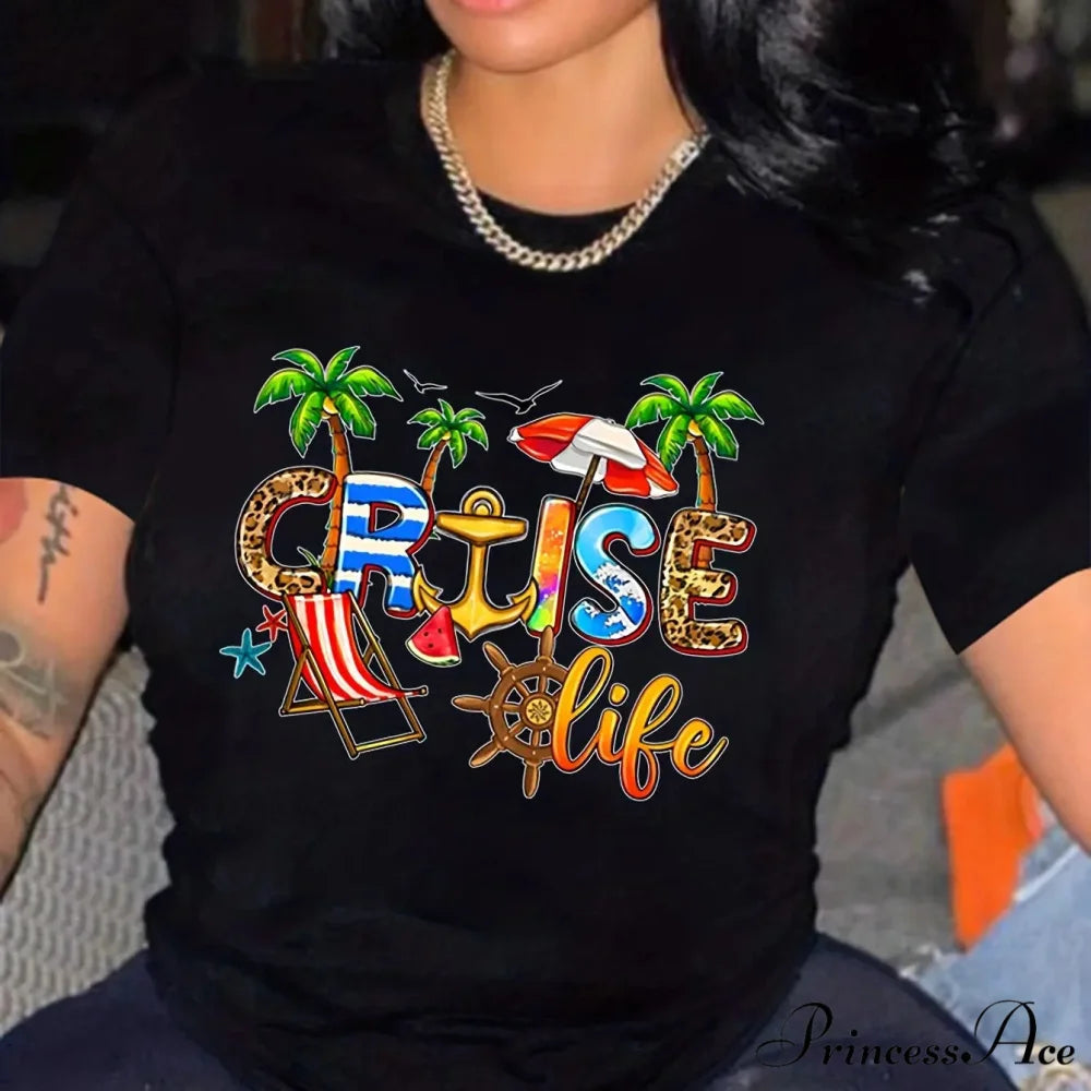 Cruise Casual Short Sleeve Crew Neck Women’s Top T-shirt BLACK / S