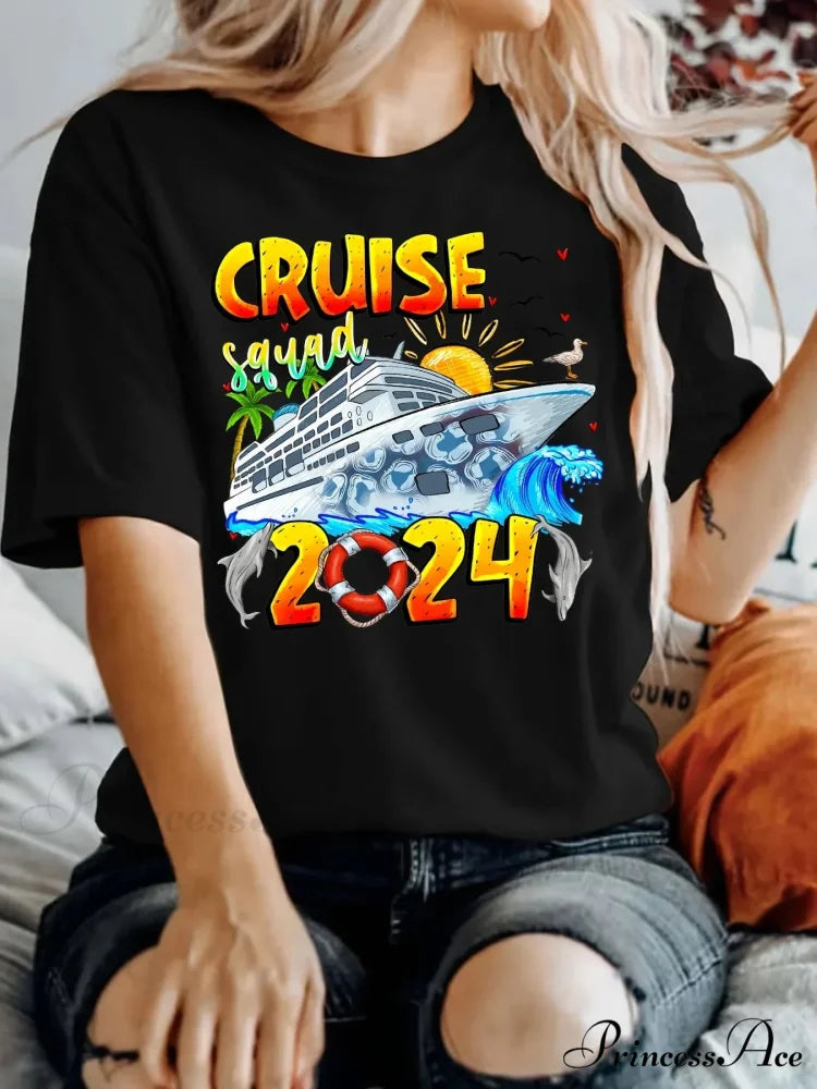 Cruise Print Women’s Spring & Summer Short Sleeve Tee for Crew Neck T-shirt BLACK / S